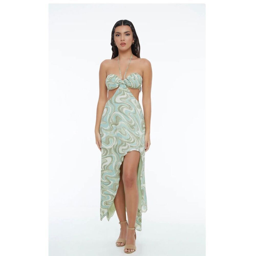INDAH NWT Misha Bandeau Maxi Dress In Imagine Green Event Resort Avant Garde M/L
